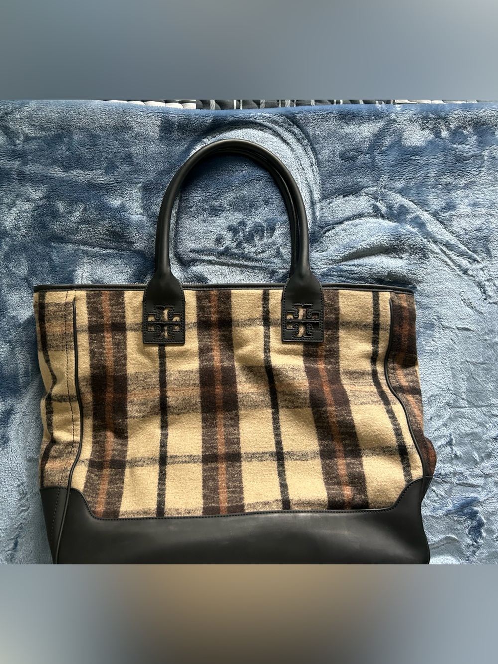 Tory Burch Beige and Brown Plaid Tote with Black Leather Trim